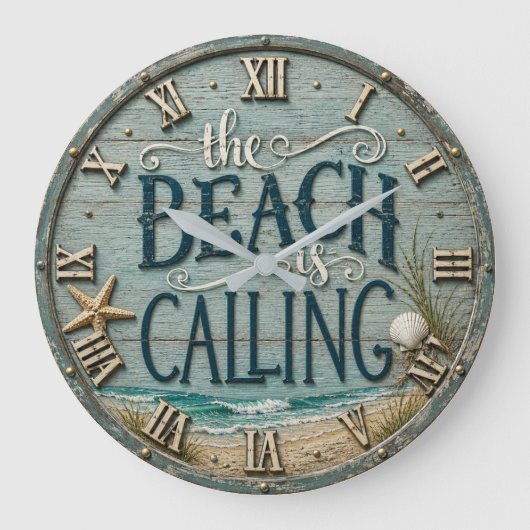 The Beach Is Calling Rustic Beach House Ocean ラージ壁時計 (正面)