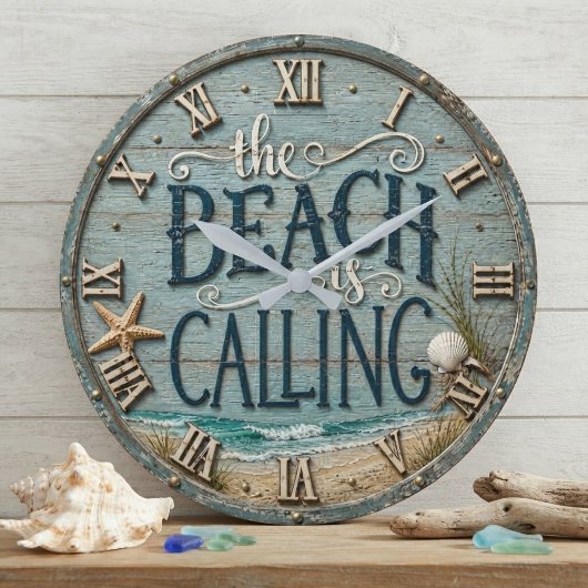 The Beach Is Calling Rustic Beach House Ocean ラージ壁時計