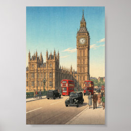 The Big Ben Clock Tower Japanese Woodblock Print ポスター