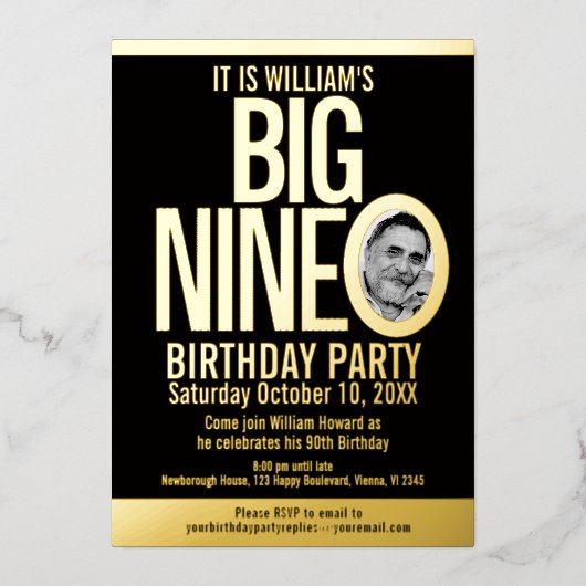 The Big Nine 0 90誕生日のグラフィック写真 箔招待状 (正面)