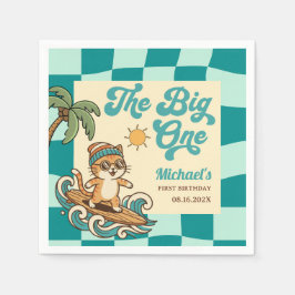 The Big One サーファー猫 レトロ サマー 1歳の誕生日  スタンダードカクテルナプキン