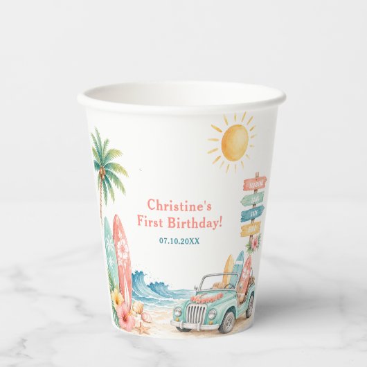 The Big One サーフビーチ1歳の誕生日 紙コップ (正面)
