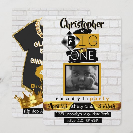 The BIG One| ヒップホップレトロ1歳の誕生日フォト 招待状 (正面/裏面)