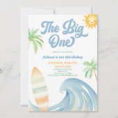 The Big One ビーチサーフブルー 1歳の誕生日パーティー 招待状 (正面)