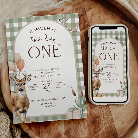The Big One Deer Birthday Invitation Boys First  招待状