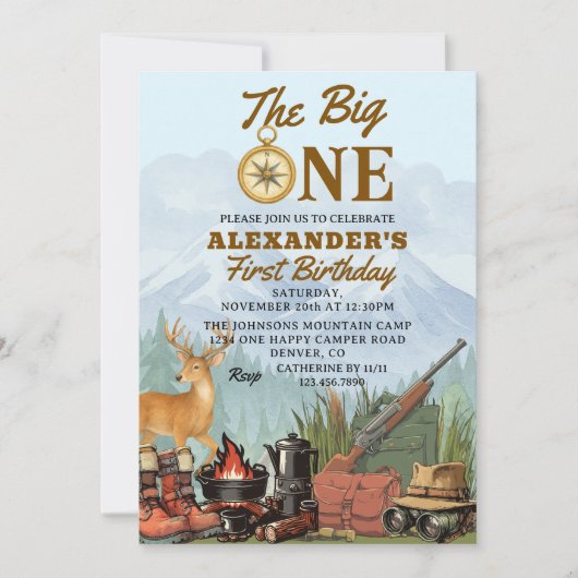 The Big One Hunting Camping 1st Birthday 招待状 (正面)
