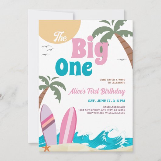 The Big One Modern Surf 1st Birthday Party 招待状 (正面)