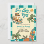 The Big One Surfer Cat Checkered 1st Birthday 招待状 (正面)
