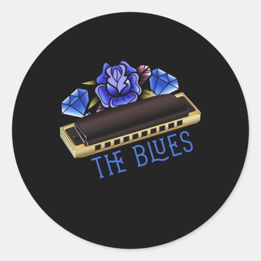 The Blues Harmonica Music Sound Acoustic Jazz Gift ラウンドシール (正面)