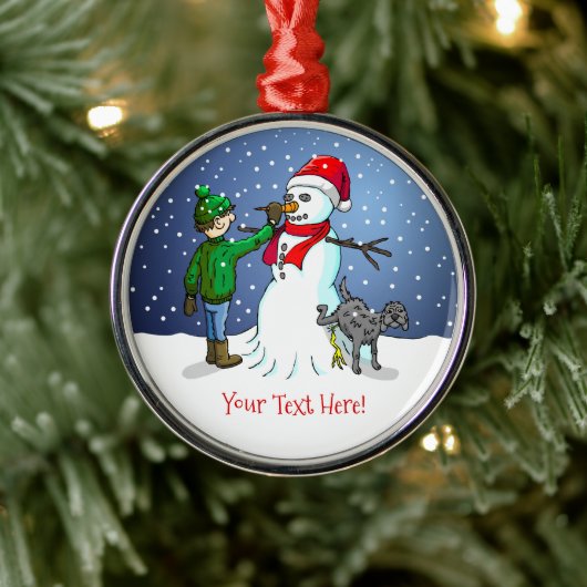 The boy makes a wonderful snowman メタルオーナメント (ツリー)