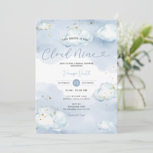 The Bride is Cloud Nine Bridal Shower Gold Glitter 招待状 (スタンド正面)