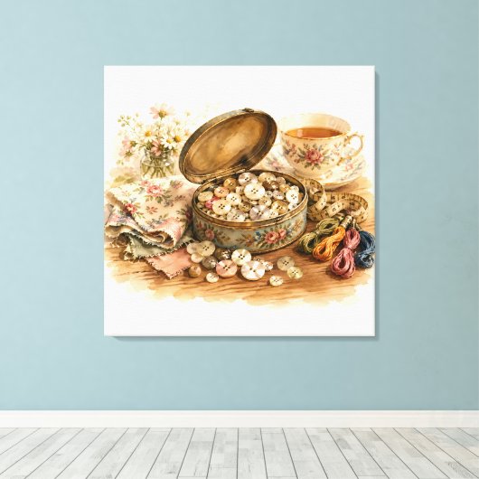The Button Tin Stretched Canvas Print キャンバスプリント (インサイチュ (ウッドフロア))