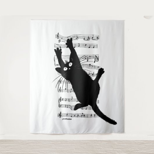 The cat hangs on musical notes タペストリー (正面)