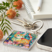 The Cat with Striking Green Eyes in Flower Garden キーホルダー (正面右)