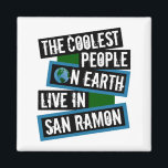 The Coolest People on Earth Live in San Ramon マグネット<br><div class="desc">This design features bold, layered text with the phrase "The Coolest People on Earth Live in San Ramon" in a striking cool color palette. A globe graphic, integrated with coordinating blue and green blocks, symbolizes the city's global appeal. The design is suitable for showcasing local pride, as it boldly declares...</div>