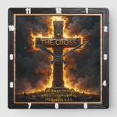 The Cross Fiery Time Philippians 4:13 Verse スクエア壁時計 (正面)