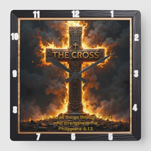 The Cross Fiery Time Philippians 4:13 Verse スクエア壁時計 (正面)