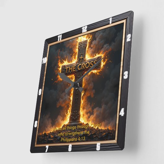 The Cross Fiery Time Philippians 4:13 Verse スクエア壁時計 (傾斜)
