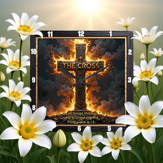 The Cross Fiery Time Philippians 4:13 Verse スクエア壁時計