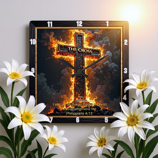 The Cross Medallion Fire Philippians 4:13 Verse スクエア壁時計