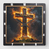 The Cross Medallion Fire Philippians 4:13 Verse スクエア壁時計 (正面)