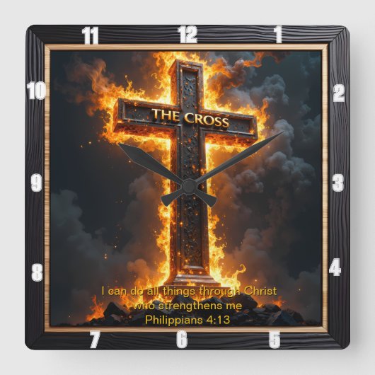 The Cross Medallion Fire Philippians 4:13 Verse スクエア壁時計 (正面)