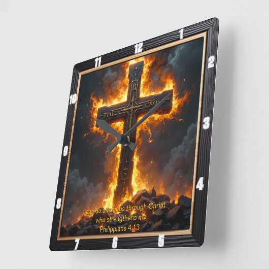 The Cross Rock Base Philippians 4:13 Verse スクエア壁時計 (傾斜)