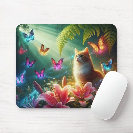 The Curious Cat & Her Butterflies マウスパッド (マウス)