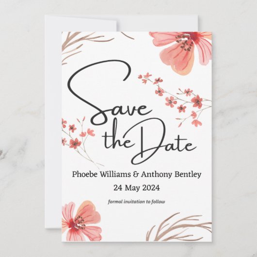 THE DATE 救結婚 – ピンク色の花を編集可能文字 セーブザデート (正面)