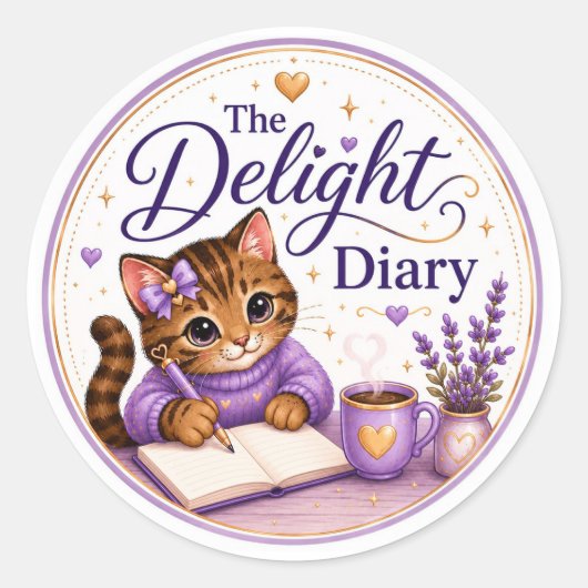 The Delight Diary かわいい猫 パープル ゴールド ラウンドシール (正面)