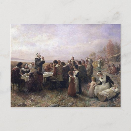 The First Thanksgiving at Plymouth by Brownscombe シーズンポストカード (正面)