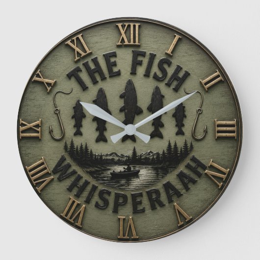 The Fish Whisperer Rustic Fisherman Cabin ラージ壁時計 (正面)