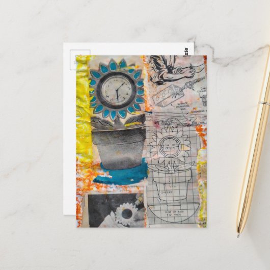 The Flower Clock Plans Retro Mixed Media Collage ポストカード (正面/裏面インサイチュ)