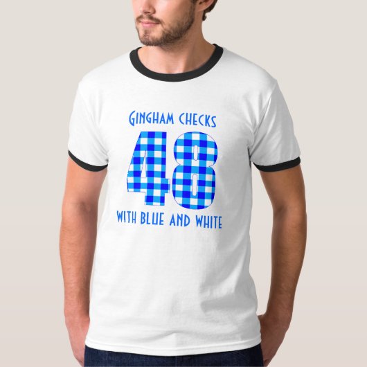 The gingham check with blue and white. front print tシャツ (正面)