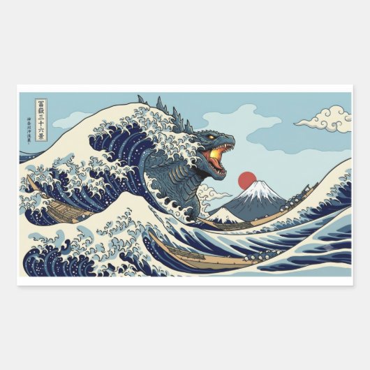 The Great Kaiju Wave - Epic Hokusai Monster Parody 長方形シール (正面)