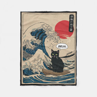 The Great Wave Kanagawa Funny Japanese Surfing Cat フリースブランケット