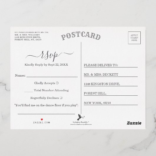 The Greenery & 結婚金ゴールドコレクションRSVP 実在 箔招待状ポストカード (裏面)