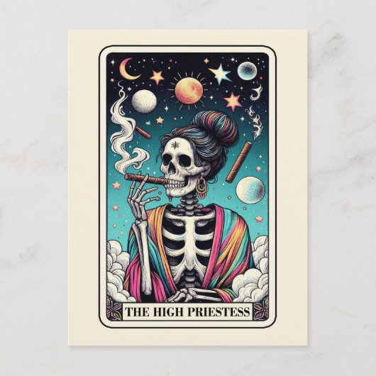 The High Priestess Tarot Art Smoking Skeleton Goth ポストカード (正面)