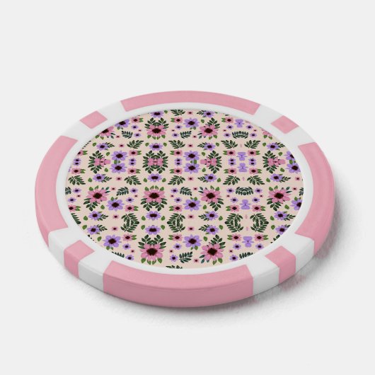 The image shows poker chips with a floral pattern ポーカーチップ (シングル)
