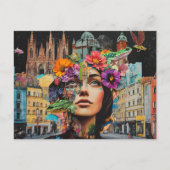The Lady in a City Collage Flowers Frogs Birds ポストカード (正面)
