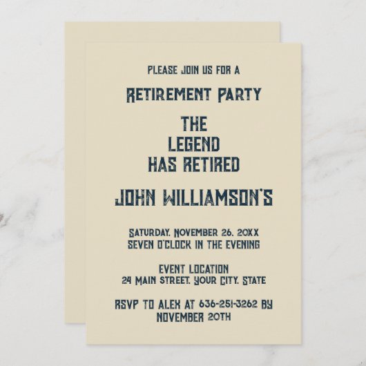 The Legend Has Retired funny retirement 招待状 (正面/裏面)