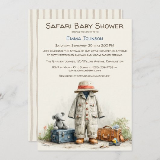 The Little Explorer | Safari Adventure Baby Shower 招待状 (正面/裏面)