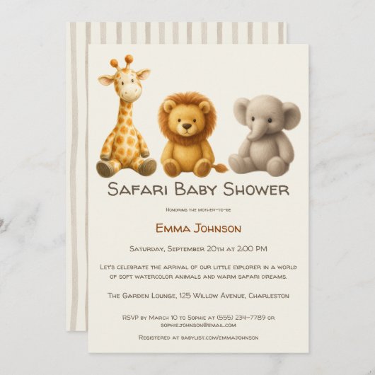 The Little Explorer | Safari Friends Baby Shower 招待状 (正面/裏面)