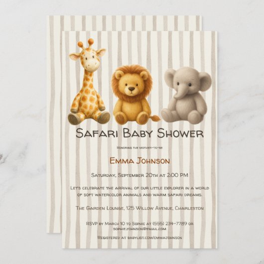 The Little Explorer | Safari Friends Baby Shower 招待状 (正面/裏面)