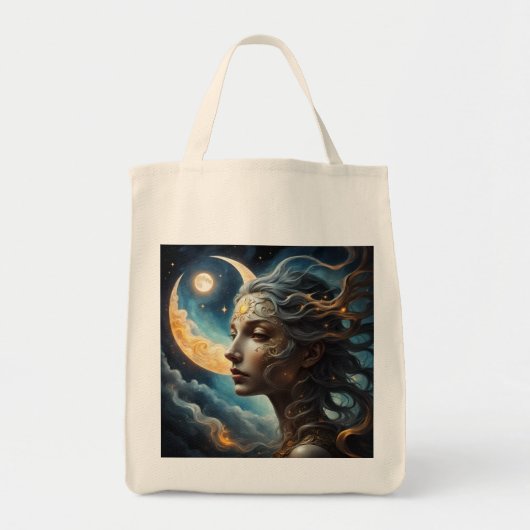 "The Lunar Oracle"-Celestial Moon Goddess Tote Bag トートバッグ (正面)