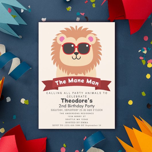 The Mane Man キュートなライオンの2歳誕生日 招待状