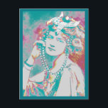The Merry Widow Belle Epoque Design シーズンポストカード<br><div class="desc">Graphic art design in turquoise,  bright pink,  and butter yellow. 
Beautiful singer,  actress and fashion icon in rhinestone head dress and beads. Fashionable costume from "The Merry Widow"</div>