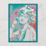 The Merry Widow Belle Epoque Design シーズンポストカード<br><div class="desc">Graphic art design in turquoise,  bright pink,  and butter yellow. 
Beautiful singer,  actress and fashion icon in rhinestone head dress and beads. Fashionable costume from "The Merry Widow"</div>