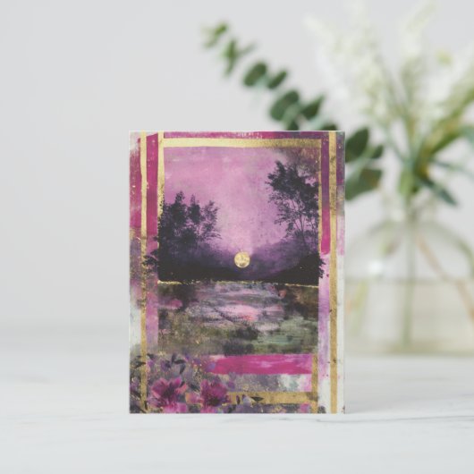 The Moonlit Pond Mixed Media Collage ポストカード (スタンド正面)