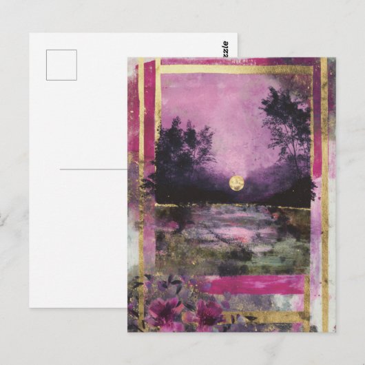 The Moonlit Pond Mixed Media Collage ポストカード (正面/裏面)